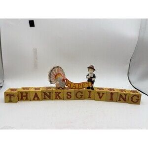 Thanksgiving Wood Block Set Turkey Pilgrim Happy Banner Fall Decor w/ Box
